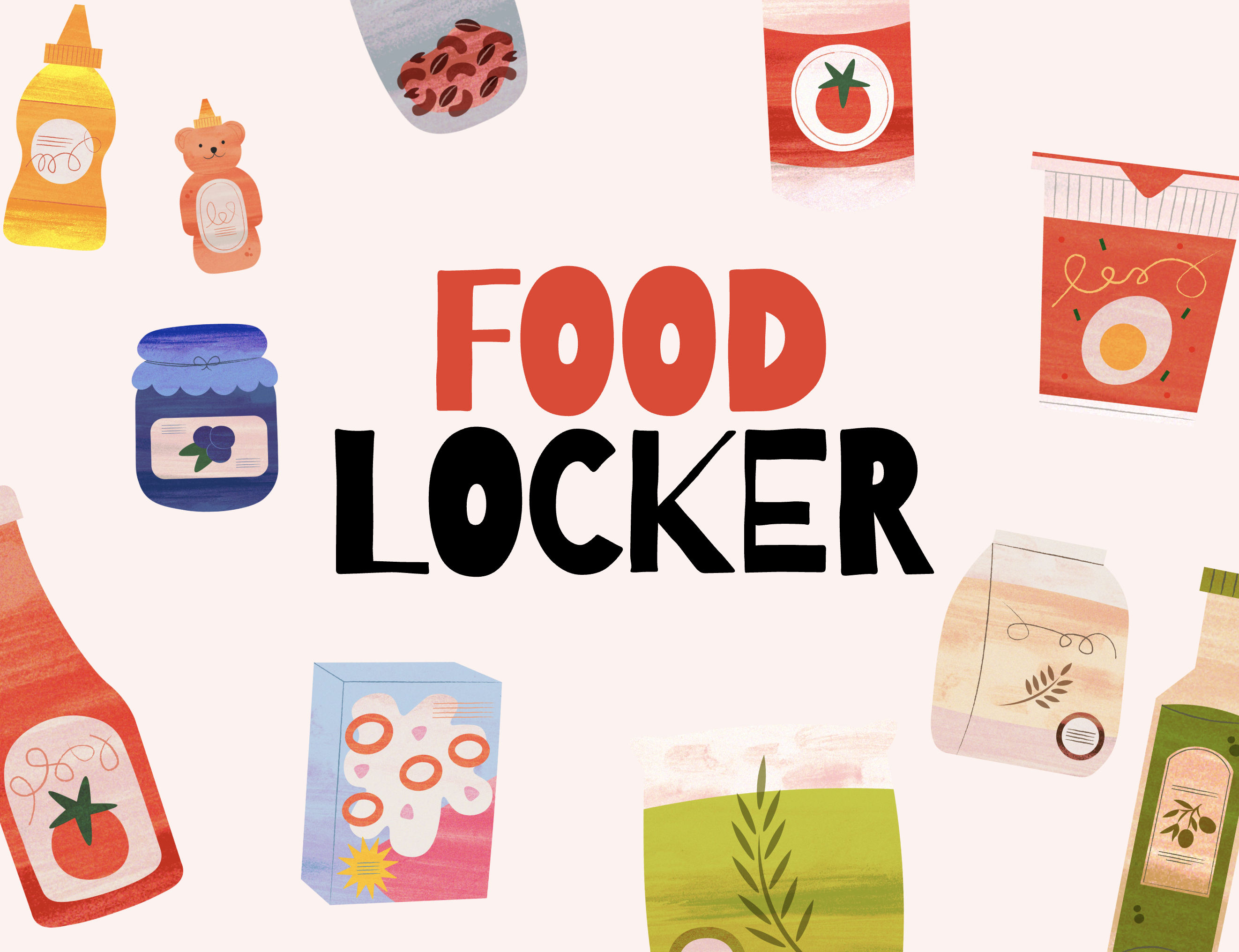 Illustration with food items that says Food Locker